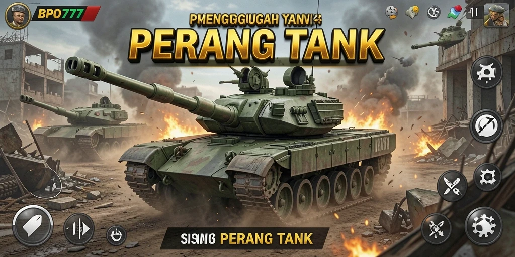 Screenshot BPO777 menampilkan aksi seru dalam pertempuran tank yang intens.